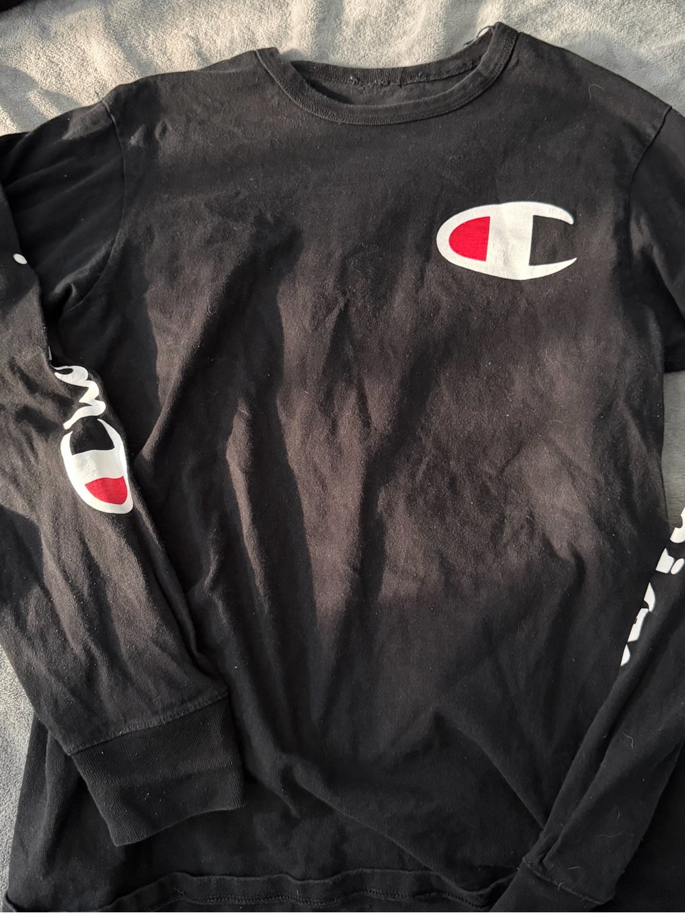 Champion Black Long Sleeve Tee with Red & White Logo
